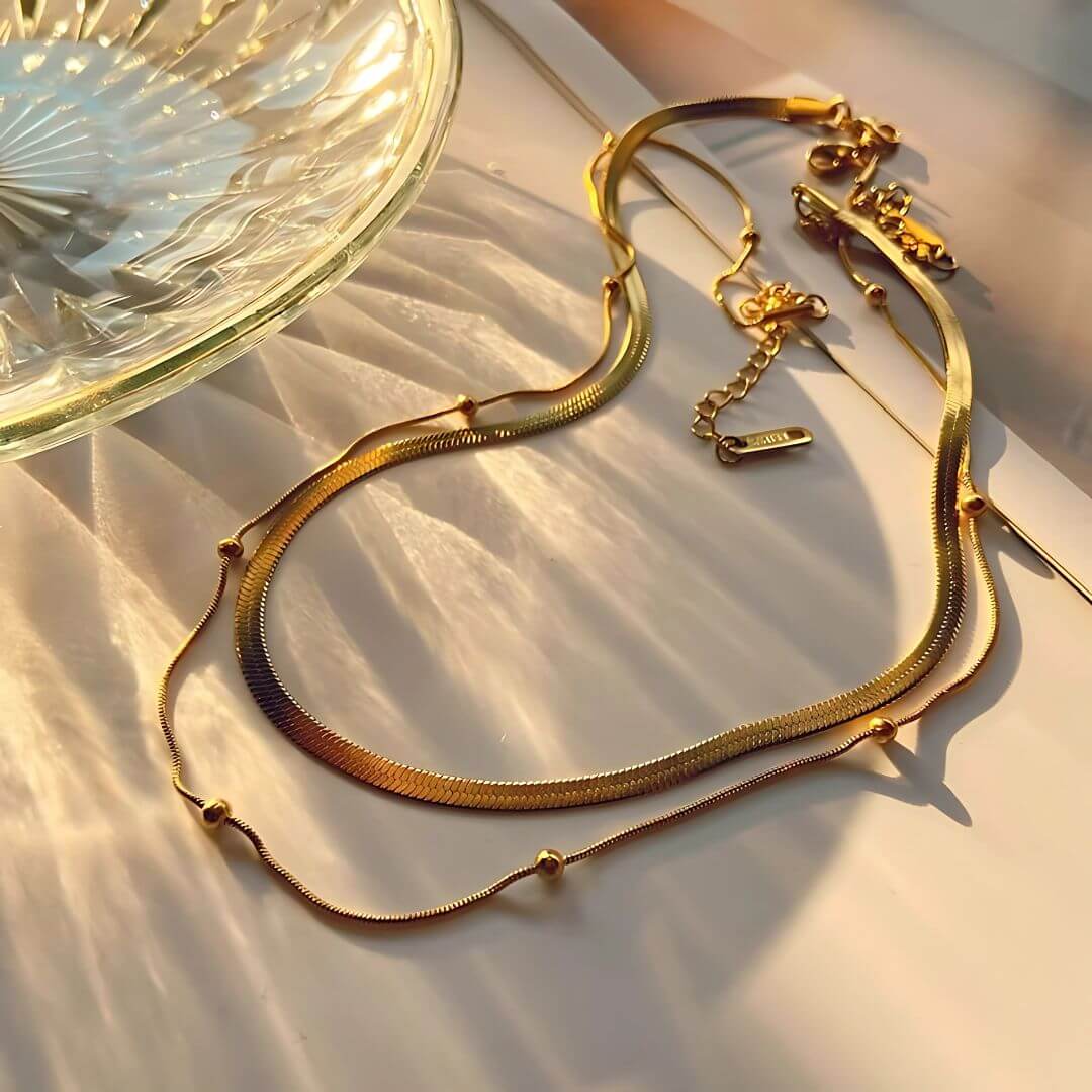 Flat Snake Chain & Beaded Necklace Set