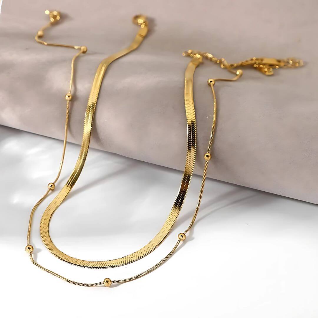 Flat Snake Chain & Beaded Necklace Set